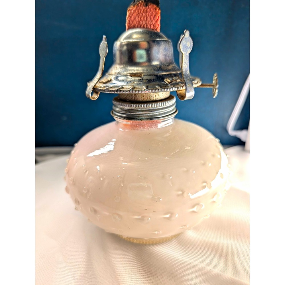 White Glass Oil Lamp Base Clear Glass Inside Painted Hobnail Pattern Vintage